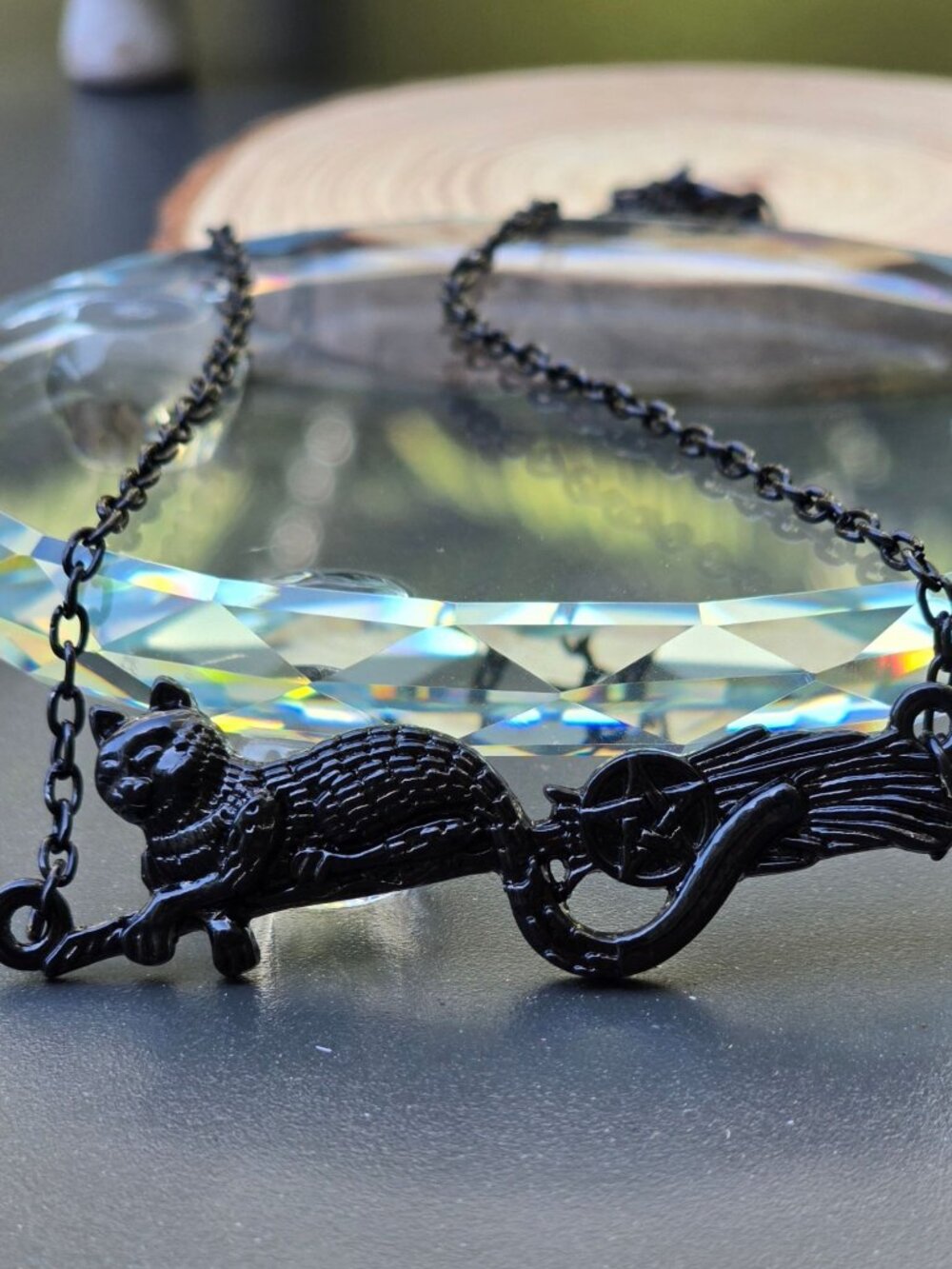 Cat on Broom ✦ Witch Familiar Pendant ✦ Gothic Alt Celestial Necklace NWT - Picture 2 of 8